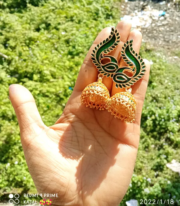 Assamese_Traditional_Copper_Gold_Plated_Green_Colour_Jhumki_Earring_For_Girls_&_Women